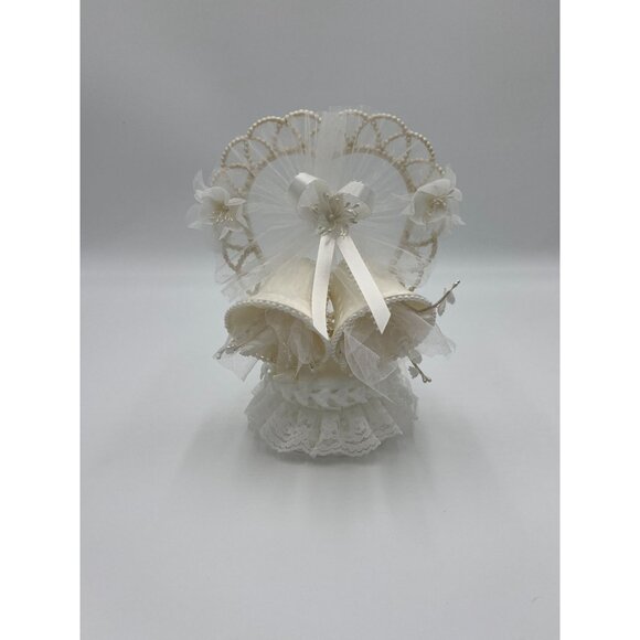 Vintage Ivory Lace Heart Shaped with Wedding Bells Tulle Flowers Cake Topper - Picture 1 of 13
